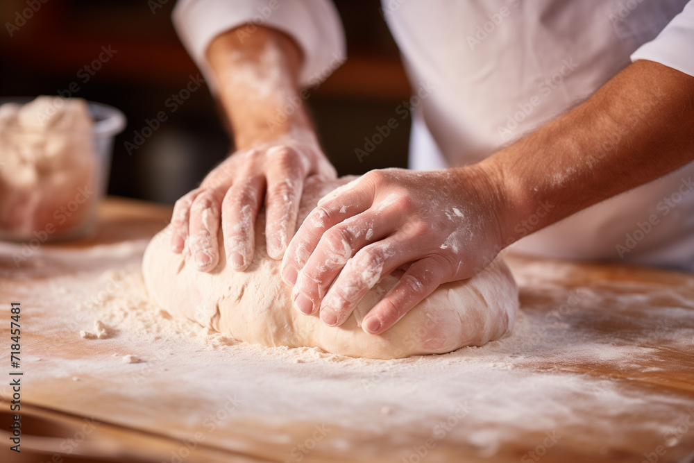 Hands kneading dough on the table