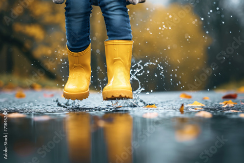 Feet of child in yellow rubber boots jumping over a puddle in the rain 
