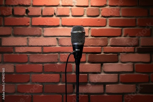Professional mic with soundwave on brick wall. Generative AI