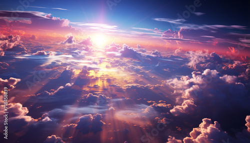 Bright sky, fluffy clouds, vibrant sunset, tranquil nature, idyllic landscape generated by AI
