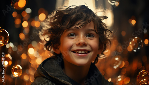 Smiling child, cheerful portrait, cute boy, joyful celebration, illuminated night generated by AI