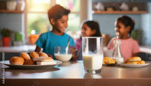 Cute little children having breakfast in kitchen at home, focus on milk photo