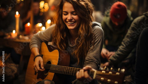 Young adults playing guitar, smiling, enjoying music outdoors, creating happiness generated by AI
