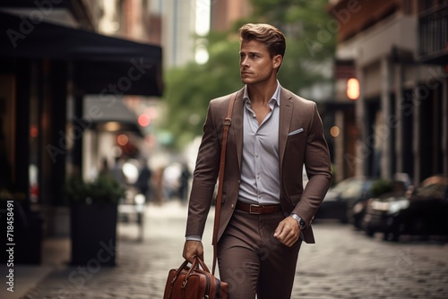 Elegant businessman in a sharp tailored suit striding confidently through the bustling city streets, his hand firmly clutching a rich brown leather briefcase