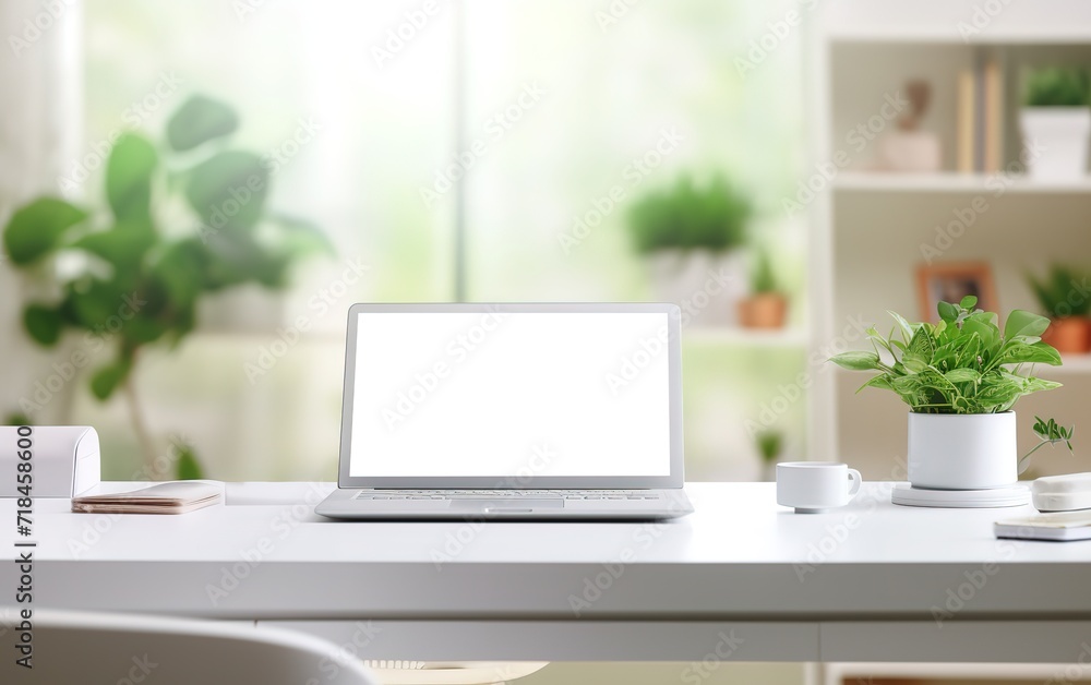 A laptop with a white screen in the photo in a clean room. generative AI A laptop with a white screen in the photo in a clean room. generative AI