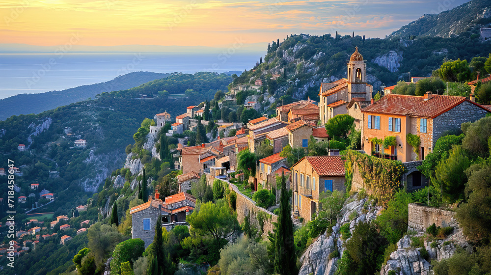 Scenic European town nestled between mountains and the sea, featuring charming architecture, historic church, and picturesque surroundings, perfect for summer tourism