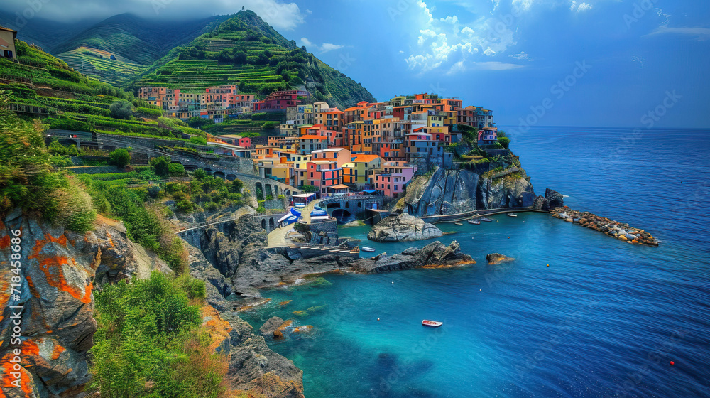 Seaside Charm: A breathtaking Mediterranean coastal view with mountains, crystal-clear waters, and a picturesque town, perfect for a summer holiday