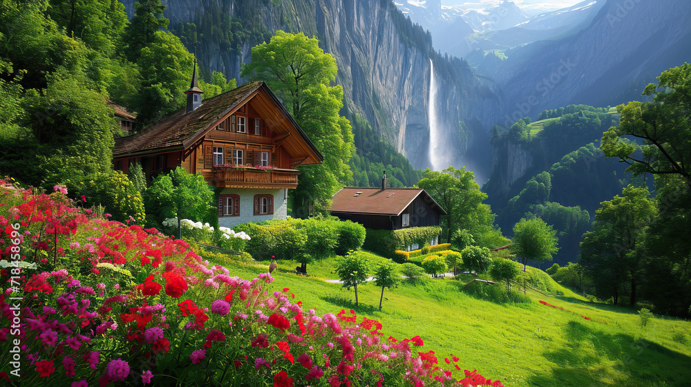 Fototapeta premium Alpine Mountain Village with Houses, Nestled in Nature's Landscape Under a Blue Sky