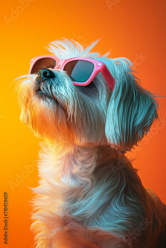  portrait of Maltese dog, wearing neon glasses. bright background, bold minimalism © Michael
