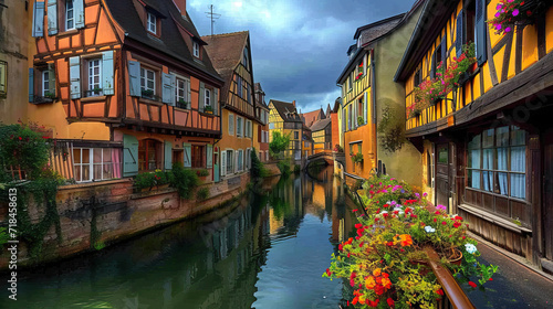 Charming European Townscape with Canals, Bridges, and Old Houses © Jeeraphat