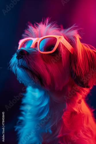  portrait of Maltese dog, wearing neon glasses. Black background, bold minimalism © Michael