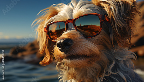 Cute puppy wearing sunglasses enjoys summer sunbathing by the water generated by AI © Jeronimo Ramos