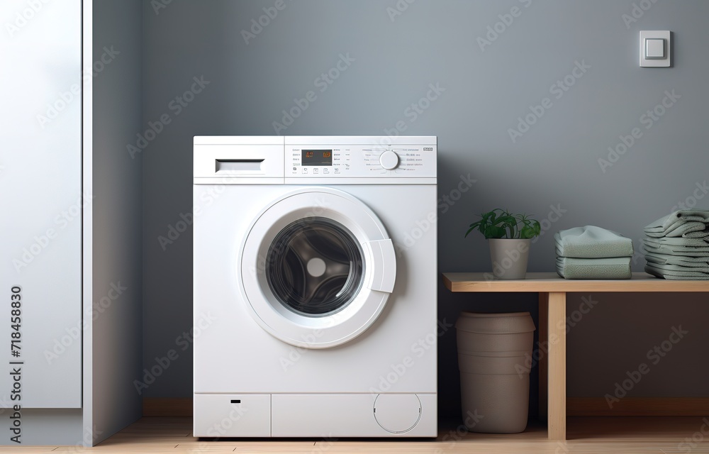 A white washing machine in a gray-walled room. generative AI A white washing machine in a gray-walled room. generative AI