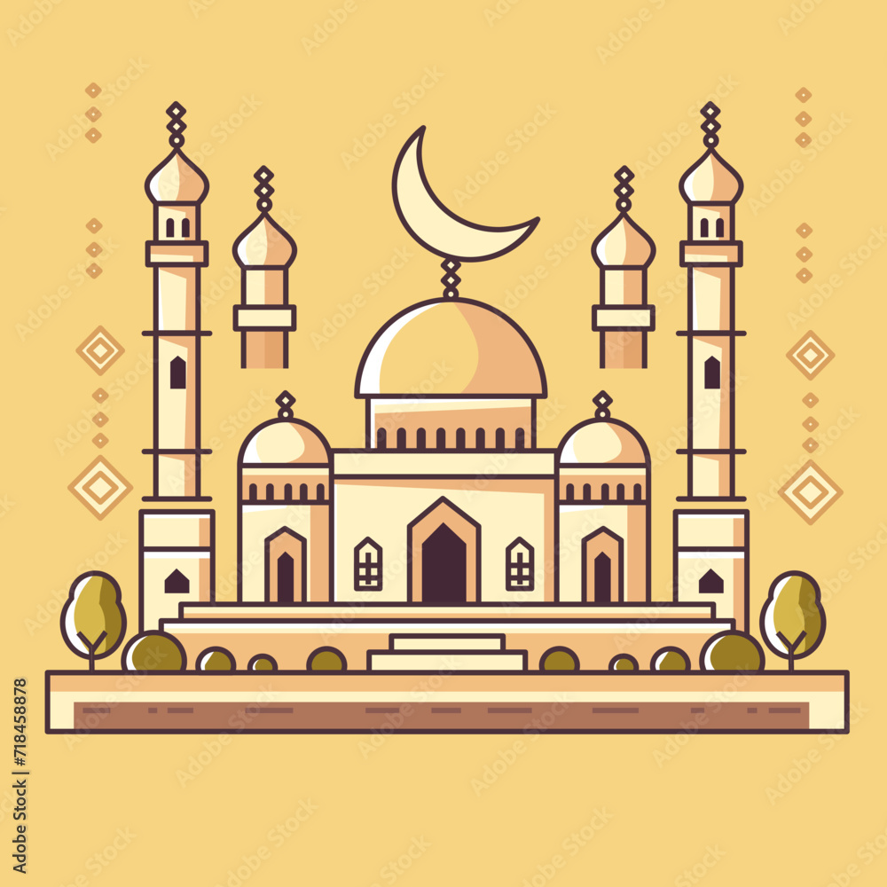 Minimalist Mosque Flat Design with bright yellow background