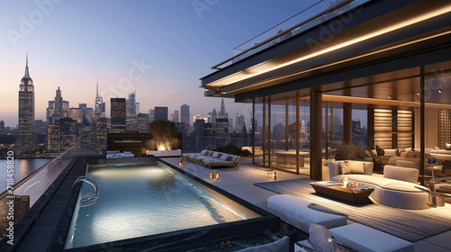 Lavish New York City Rooftop Terrace with Private Infinity Pool at Dusk © lin
