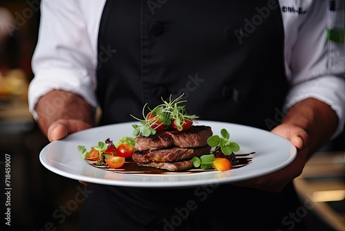 Chef Presenting Gourmet Steak Dish with Fresh Herbs