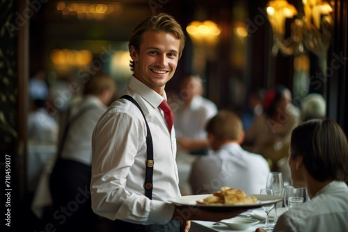A diligent waiter meticulously serving patrons in a bustling restaurant  embodying the spirit of hospitality and perseverance