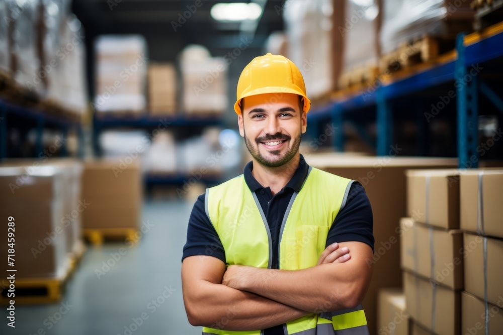 A Day in the Life: Portrait of a Dedicated Materials Handler, Surrounded by Stacks of Boxes and Pallets, in a Bustling Warehouse Environment A Day in the Life: Portrait of a Dedicated Materials Handler, Surrounded by Stacks of Boxes and Pallets, in a Bustling Warehouse Environment