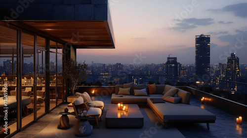 Luxurious Rooftop Terrace Overlooking Cityscape at Dusk © lin