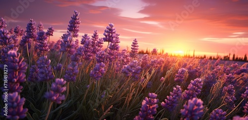 View of a field with purple Lavender flowers and a beautiful sunset view. generative AI photo