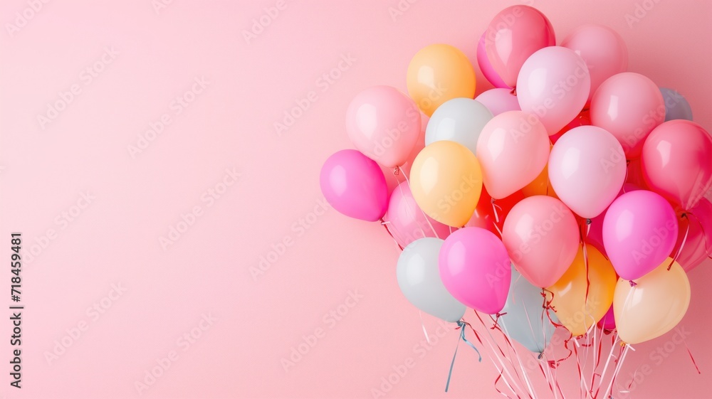 Cluster of colorful balloons on a pink background