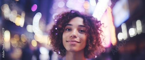 Ritratto di una giovane sorridente ragazza afro americana in una città piena di luci di notte photo