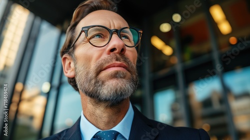 Close-up of a contemplative businessman looking up