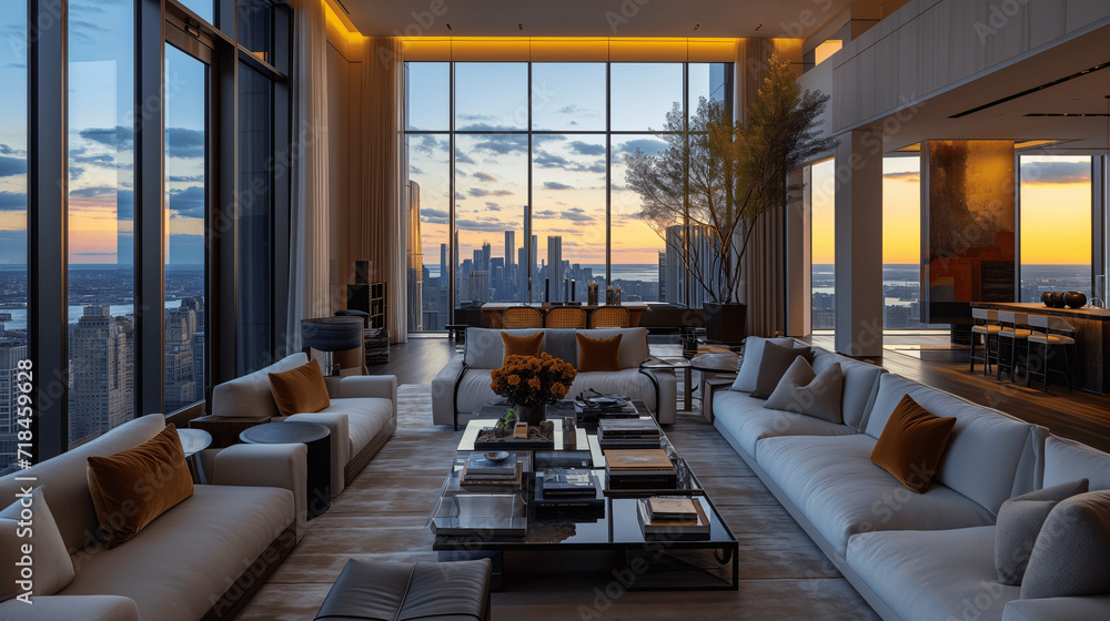 Modern Penthouse Living Room Overlooking Cityscape at Sunset