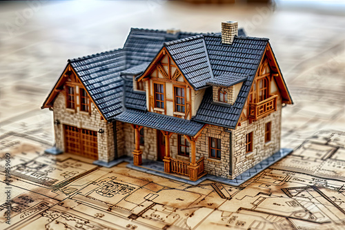 A model cottage house on a set of blueprints, generative ai