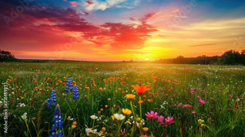 Fields filled with colorful wildflowers with a beautiful sky at sunset