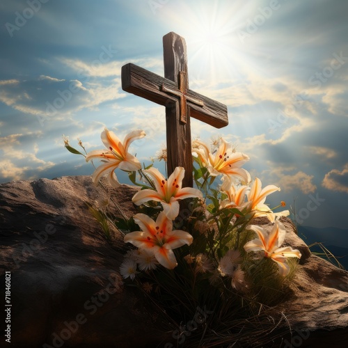 old wooden cross, lilies on cross, on rock hill, photorealistic, natural lighting, copy space - generative ai photo