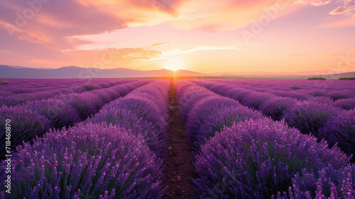 Vast lavender fields with orange and purple sky at sunset