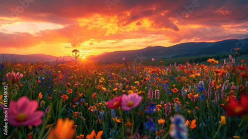 Fields filled with colorful wildflowers with a beautiful sky at sunset © boxstock production