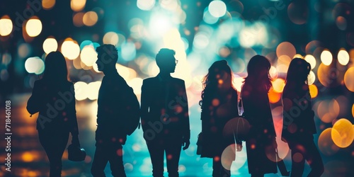 Silhouette of a group of people walking in the city at night