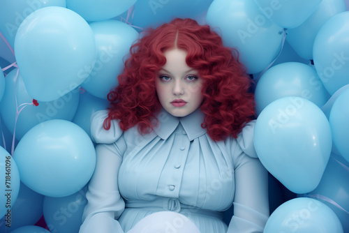 Portrait of a red-haired fat girl among light blue balloons