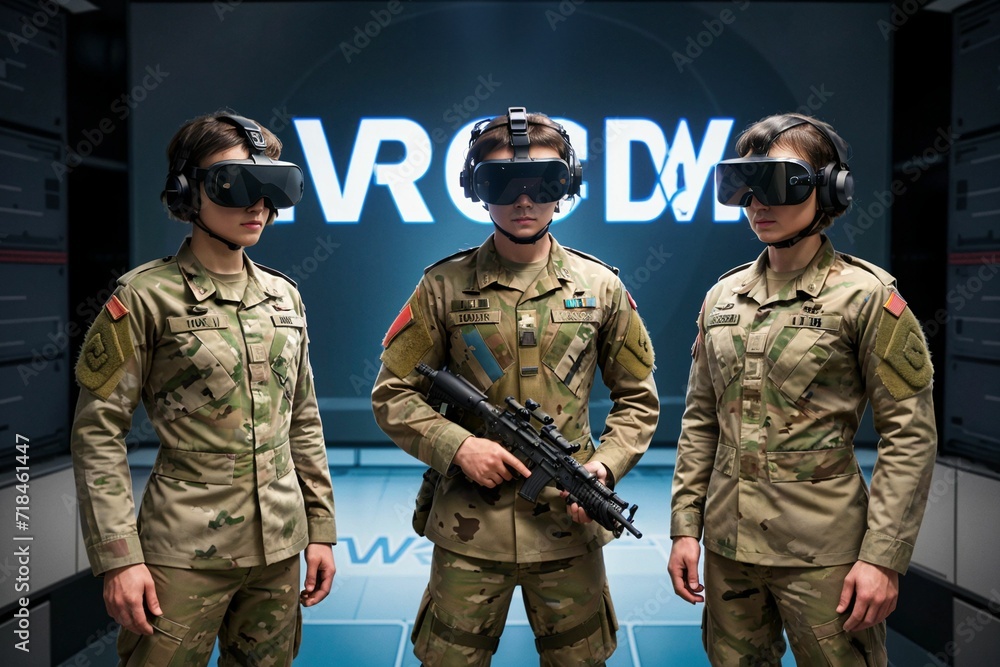 Fototapeta premium Soldiers equipped with VR goggles engaged in a realistic military game, providing a glimpse into the future of high-tech warfare simulation and immersive combat training.