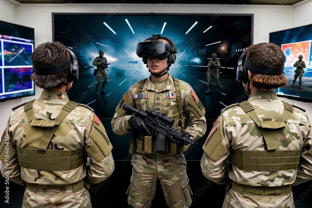 Fototapeta premium Soldiers equipped with VR goggles engaged in a realistic military game, providing a glimpse into the future of high-tech warfare simulation and immersive combat training.