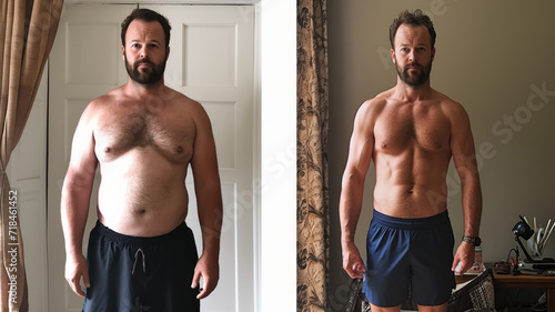 Awesome Before and After Weight Loss fitness Transformation. The man was fat but became athlete. Fat to fit concept. photo