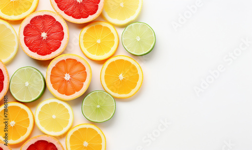 Citrus fruit slices on white background  top view. Space for text