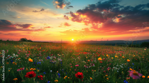 Fields filled with colorful wildflowers with a beautiful sky at sunset