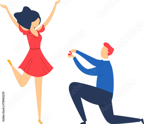 Man kneeling proposing to excited woman jumping with joy. Couple engagement celebration moment. Romance and love expression vector illustration.
