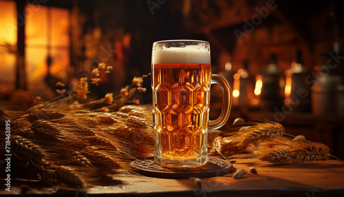 A frothy beer in a pint glass on a wooden table generative AI