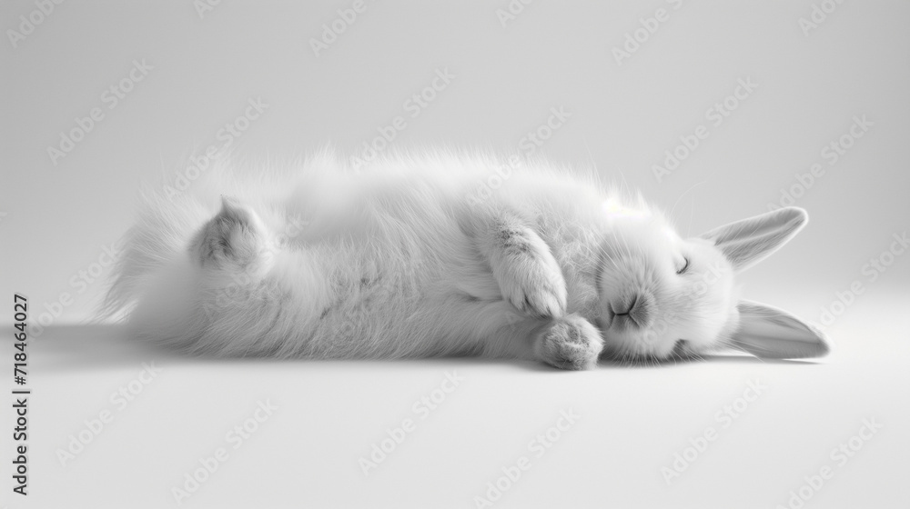 adorable fluffy bunny sleeping on a white background  - obrazy, fototapety, plakaty 