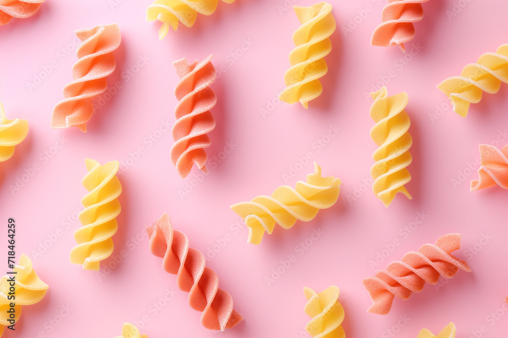 flat lay design with spiral pasta on a bright pink background, bold minimalism