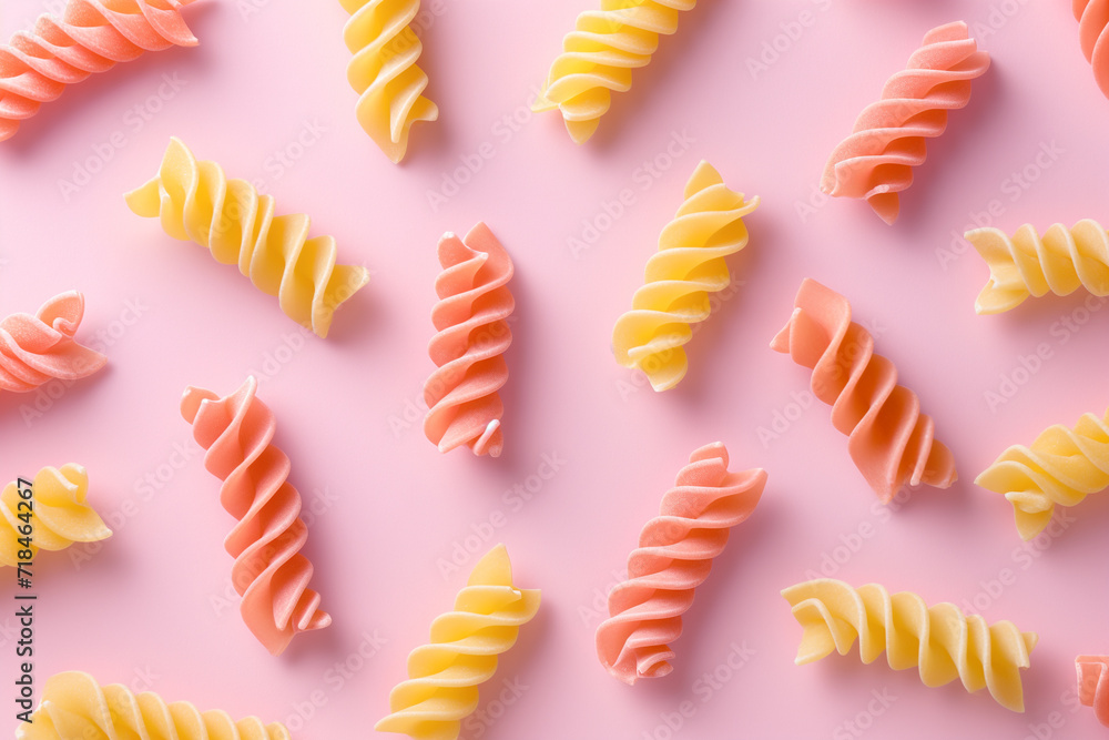 flat lay design with spiral pasta on a bright pink background, bold minimalism flat lay design with spiral pasta on a bright pink background, bold minimalism