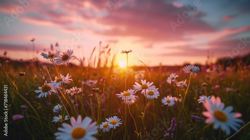 Tranquil sunset over a field of wild daisies with a beautiful sky