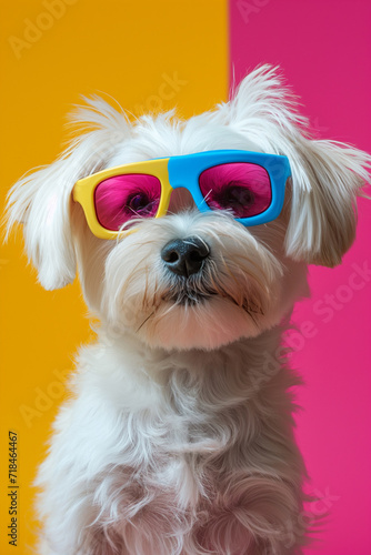  portrait of Maltese dog, wearing neon glasses. bright pastel background, bold minimalism