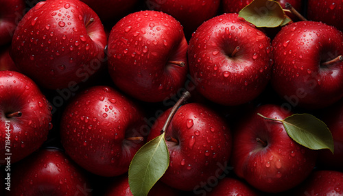 Fresh apple, ripe and wet, drops on nature background generative AI