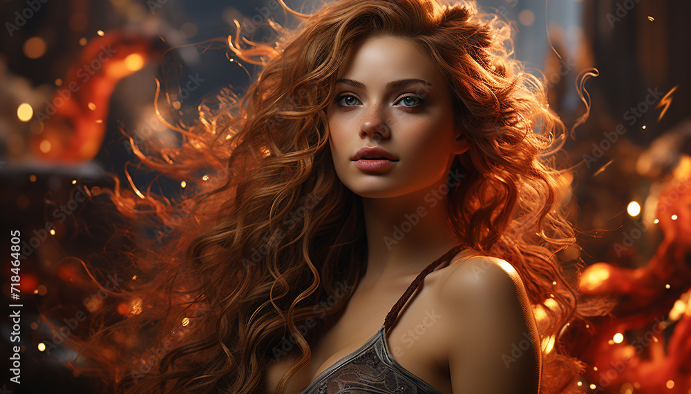 A beautiful young woman with long curly hair looking glamorous generated by AI