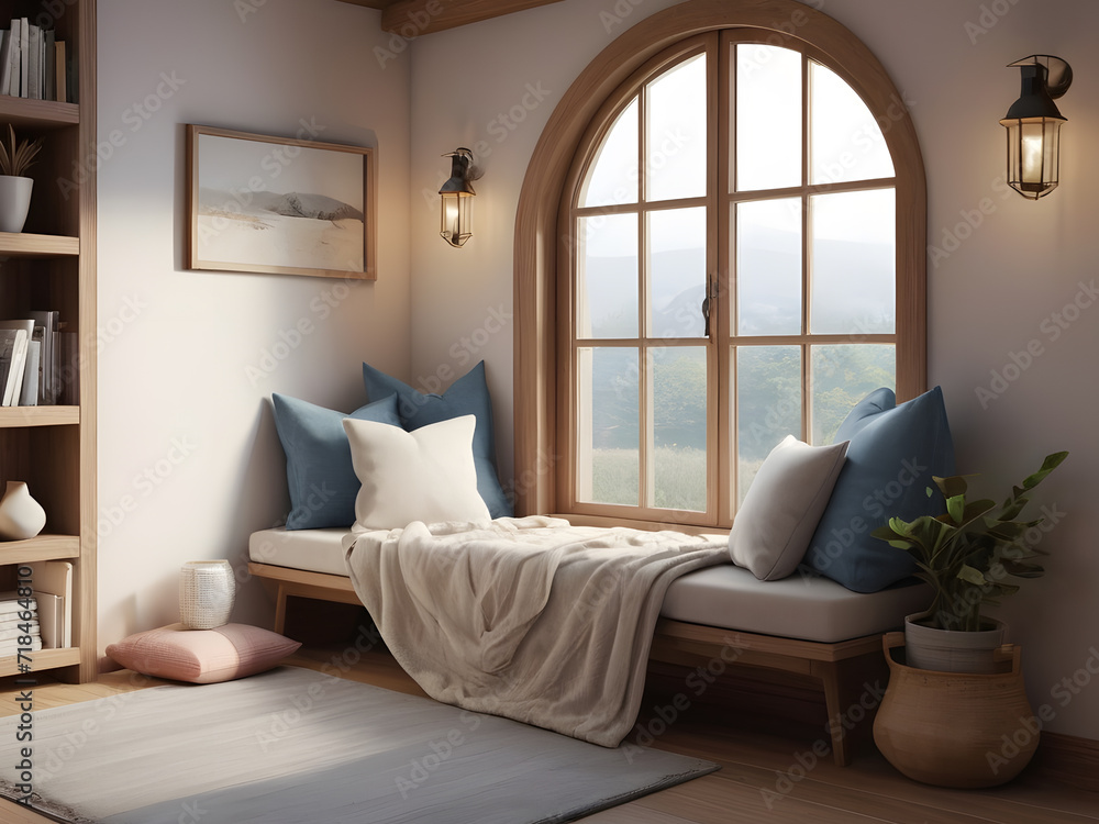 ighly Detailed Reading Nook or Window Seat with Soft Cushions and Blankets ighly Detailed Reading Nook or Window Seat with Soft Cushions and Blankets